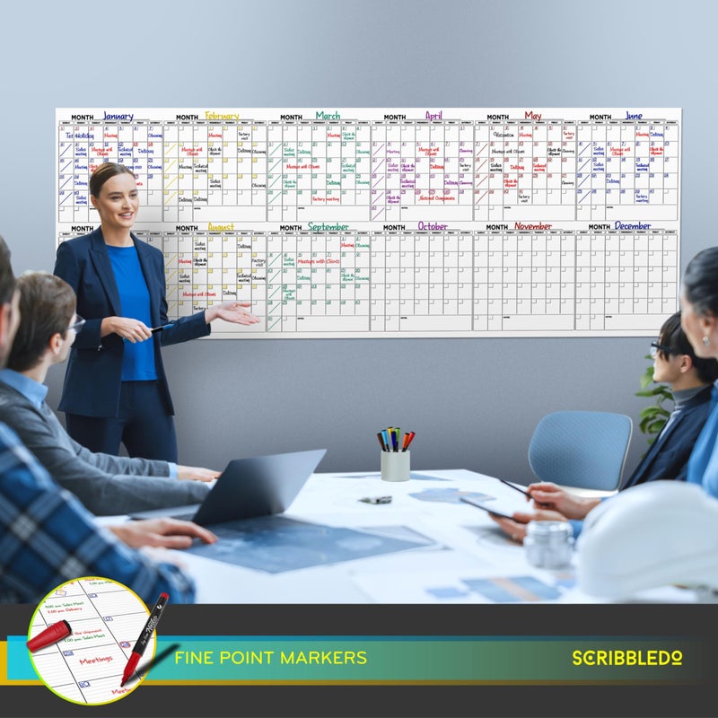 Scribbledo Extra Large 100"x36" Dry Erase Monthly Planner â€“ 12-Month Whiteboard Calendar Includes 6 white Board Markers Eraser Push Pins & Mounting Tape - Image 5