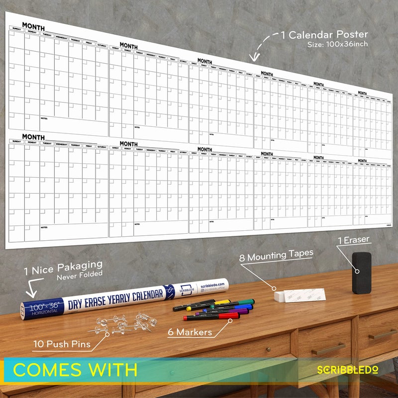 Scribbledo Extra Large 100"x36" Dry Erase Monthly Planner â€“ 12-Month Whiteboard Calendar Includes 6 white Board Markers Eraser Push Pins & Mounting Tape - Image 4