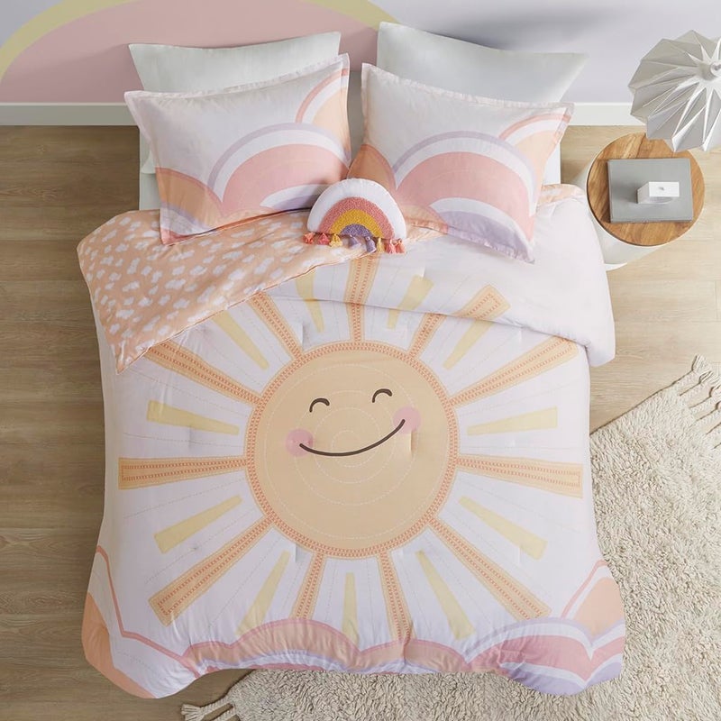 Intelligent Design Kids Comforter Sets Sun Smiling Emoji Rainbow Clouds Cartoon Reversible Print Down Alternative All Season Bedding Matching Sham Toss Pillow FullQueen YellowCoral 4 Piece