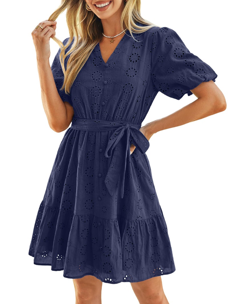 Simplee Apparel Simplee Womens 2026 Summer Mini Dress 2026 Spring V Neck Short Sleeve Hollow Out Lace Ruffle Belt Casual Beach Vacation Dress(Navy M) - Image 1