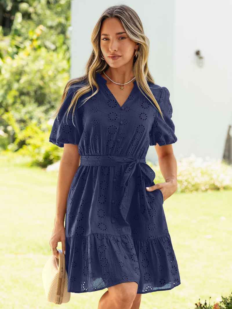 Simplee Apparel Simplee Womens 2026 Summer Mini Dress 2026 Spring V Neck Short Sleeve Hollow Out Lace Ruffle Belt Casual Beach Vacation Dress(Navy M) - Image 3