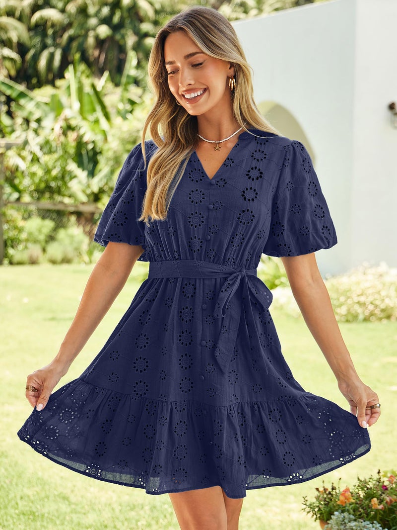 Simplee Apparel Simplee Womens 2026 Summer Mini Dress 2026 Spring V Neck Short Sleeve Hollow Out Lace Ruffle Belt Casual Beach Vacation Dress(Navy M) - Image 4