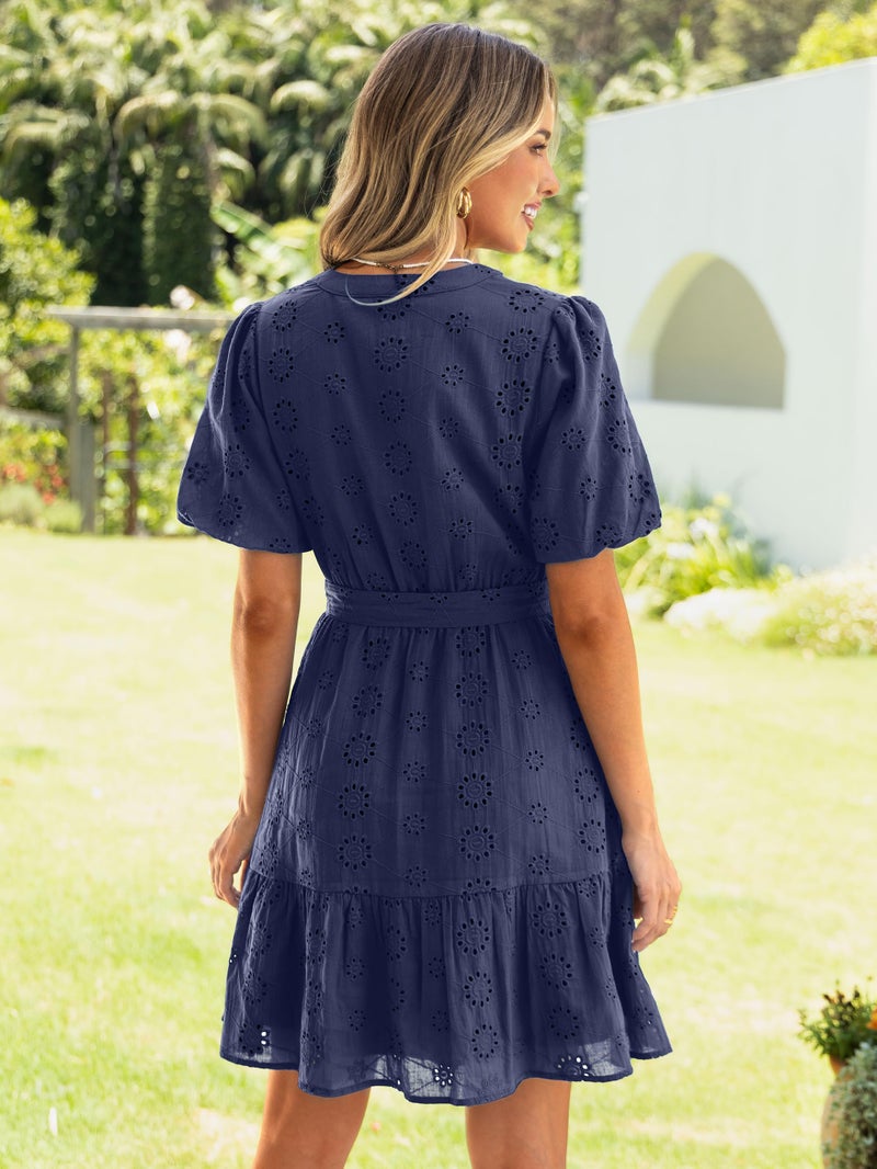 Simplee Apparel Simplee Womens 2026 Summer Mini Dress 2026 Spring V Neck Short Sleeve Hollow Out Lace Ruffle Belt Casual Beach Vacation Dress(Navy M) - Image 5