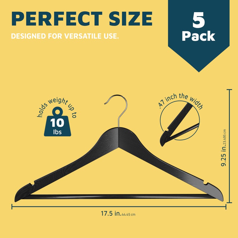 Lifemaster Wooden Clothes Hangers â€“ with 360 Degree Swivel Hook and Non-Slip Shoulder Notch, Holds Up to 10 lbs, Pants Bar Design, for Organizing Suit, Dress, Coat, and Clothes, Pack of 5, Black - Image 2