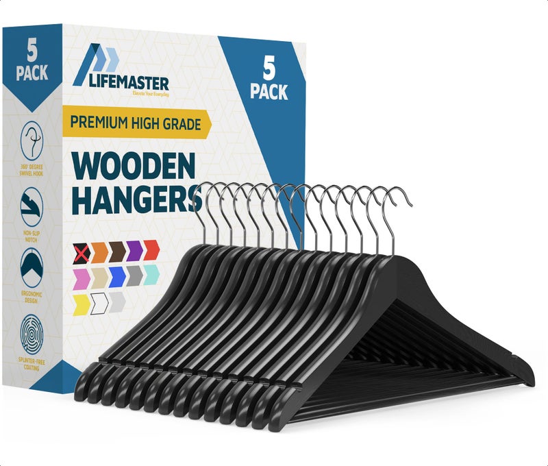 Lifemaster Wooden Clothes Hangers â€“ with 360 Degree Swivel Hook and Non-Slip Shoulder Notch, Holds Up to 10 lbs, Pants Bar Design, for Organizing Suit, Dress, Coat, and Clothes, Pack of 5, Black - Image 1