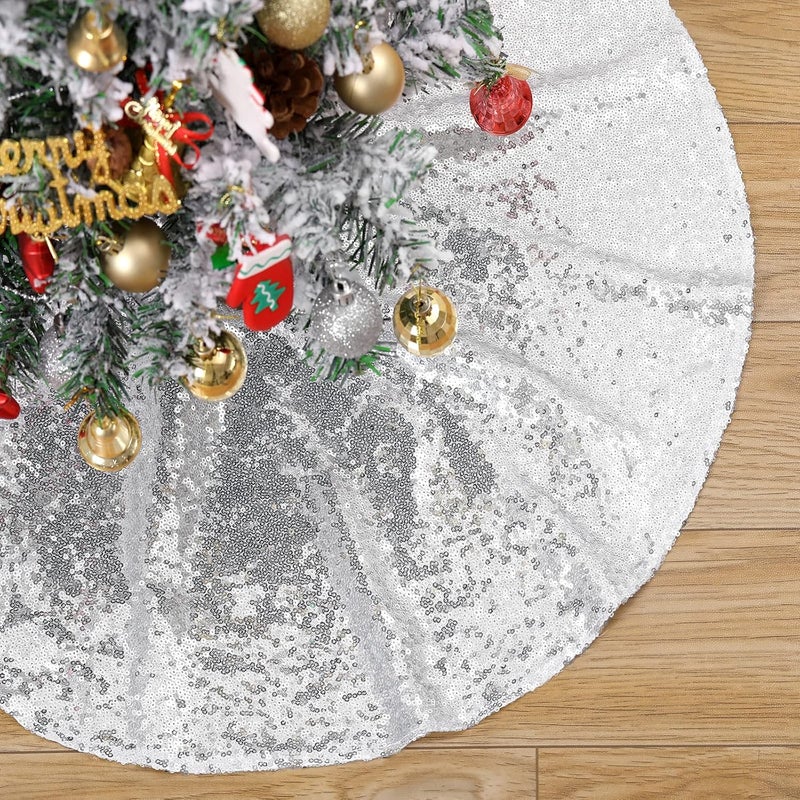 BCOOL Silver Tree Skirt 24 Round Mini Christmas Tree Skirts for Sequin Merry Christmas Holiday Decorations Small Pencil Skirts - Image 5