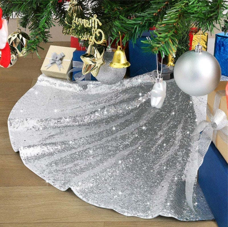 BCOOL Silver Tree Skirt 24 Round Mini Christmas Tree Skirts for Sequin Merry Christmas Holiday Decorations Small Pencil Skirts - Image 1