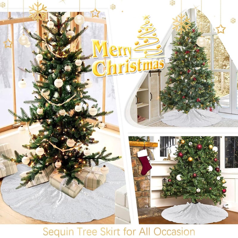 BCOOL Silver Tree Skirt 24 Round Mini Christmas Tree Skirts for Sequin Merry Christmas Holiday Decorations Small Pencil Skirts - Image 3