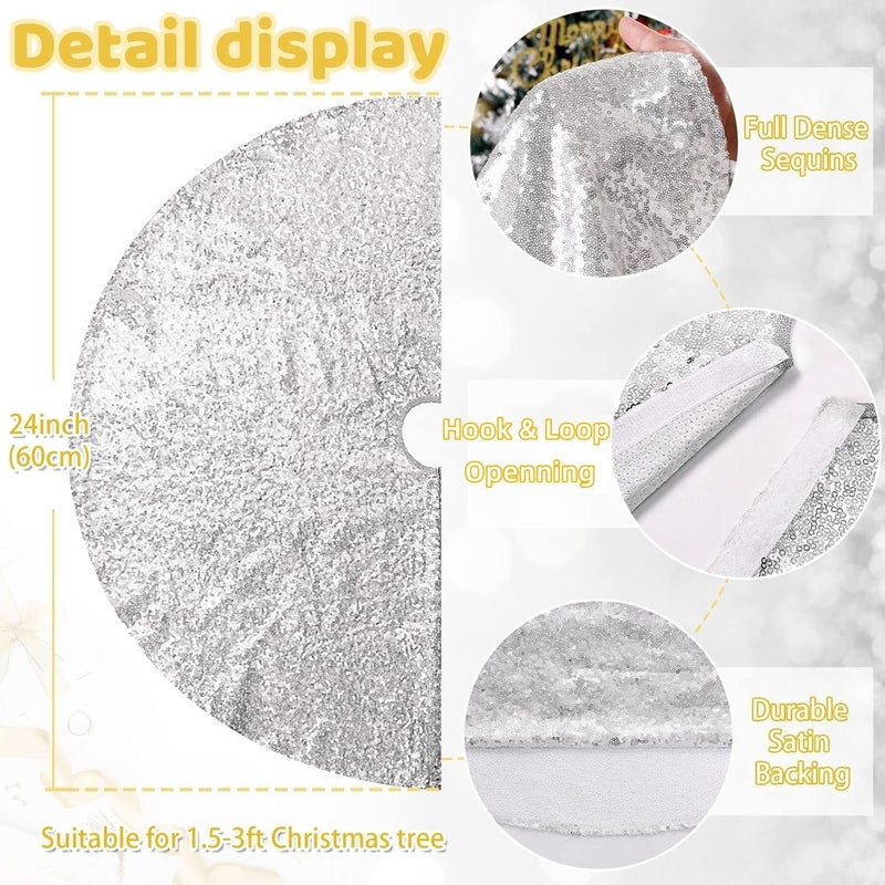BCOOL Silver Tree Skirt 24 Round Mini Christmas Tree Skirts for Sequin Merry Christmas Holiday Decorations Small Pencil Skirts - Image 4