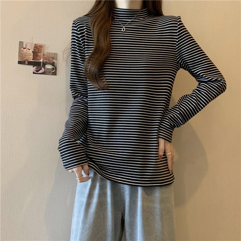 Fleece-Lined Velvet T-Shirt Women'S Plus Size Striped Long-Sleeved Inner Warm Top Women'S Semi-High Collar Base Shirt - Image 5