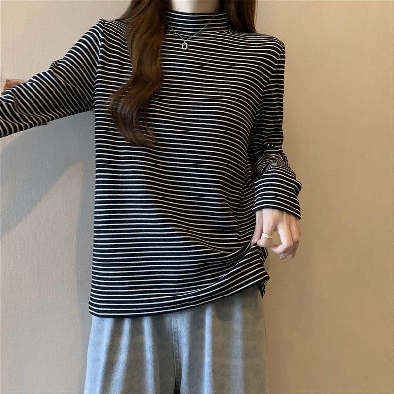 Fleece-Lined Velvet T-Shirt Women'S Plus Size Striped Long-Sleeved Inner Warm Top Women'S Semi-High Collar Base Shirt - Image 1