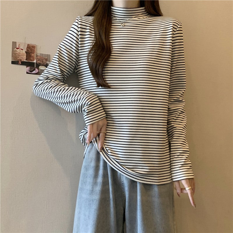 Fleece-Lined Velvet T-Shirt Women'S Plus Size Striped Long-Sleeved Inner Warm Top Women'S Semi-High Collar Base Shirt - Image 3