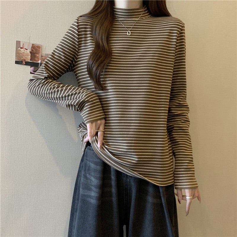 Fleece-Lined Velvet T-Shirt Women'S Plus Size Striped Long-Sleeved Inner Warm Top Women'S Semi-High Collar Base Shirt - Image 2