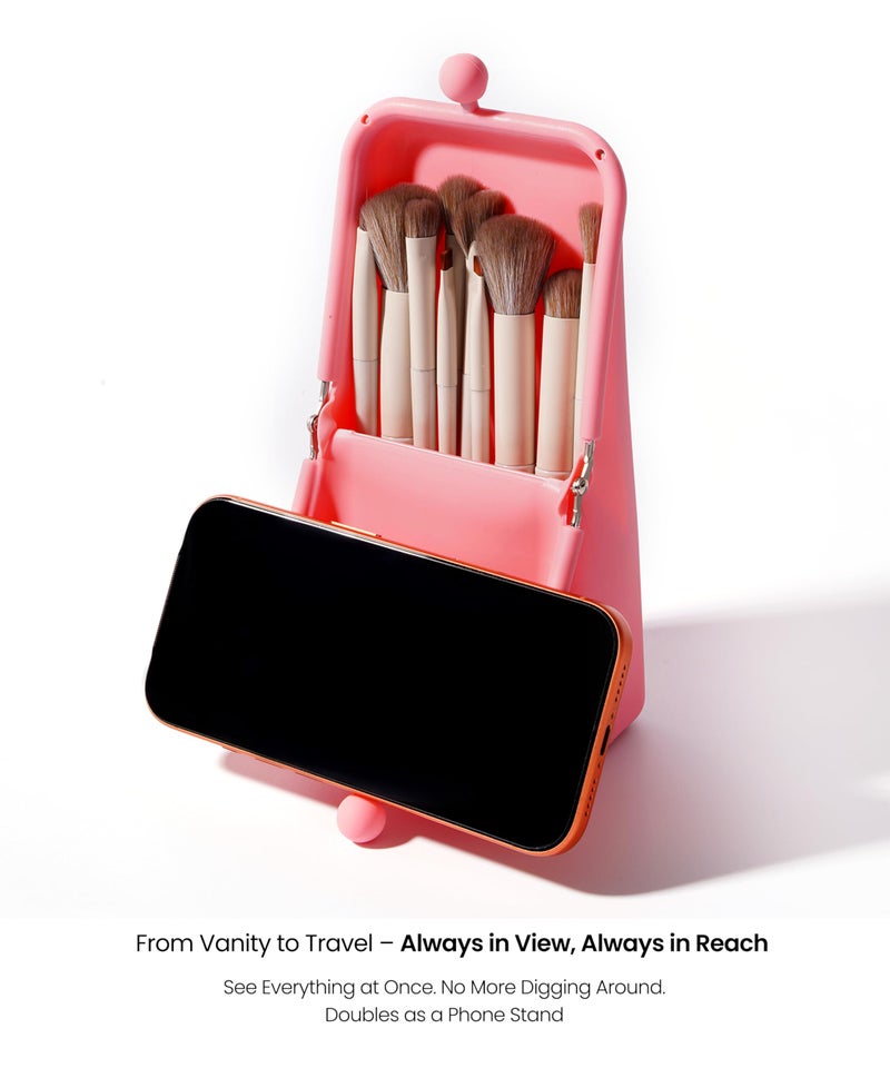 APT 1101 Makeup Brush Holder Travel Cosmetic Bag with Suction Base, Portable Cosmetic Organizer for Travel & Home, Organizer for Brushes, Beauty Tools & Accessories (Coral) - Image 5