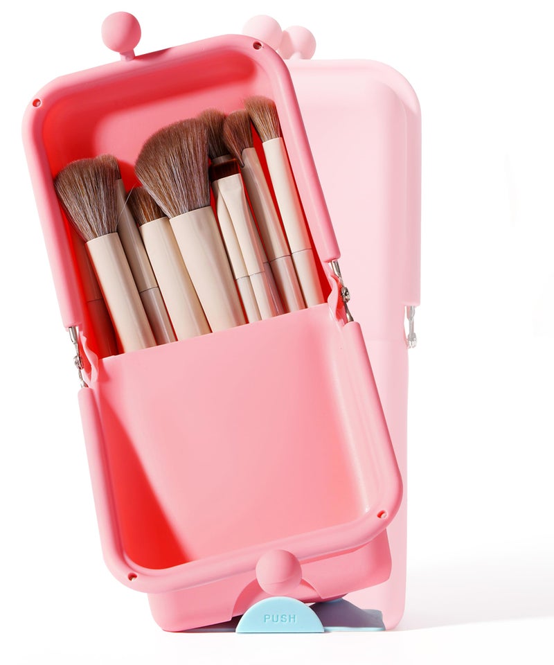 APT 1101 Makeup Brush Holder Travel Cosmetic Bag with Suction Base, Portable Cosmetic Organizer for Travel & Home, Organizer for Brushes, Beauty Tools & Accessories (Coral) - Image 1