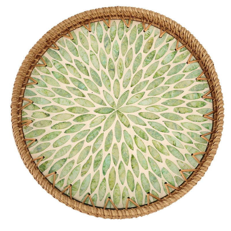 Tynulox Round Rattan Tray with Mother of Pearl Inlay Rattan Serving Tray for Coffee Bread Fruits Decorative Wicker Tray for Table Decor Home Decor Kitchen Island Decor Green Leaf 118 - Image 2