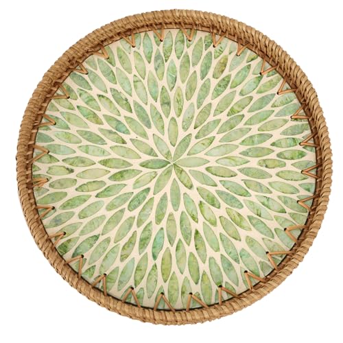 Tynulox Round Rattan Tray with Mother of Pearl Inlay Rattan Serving Tray for Coffee Bread Fruits Decorative Wicker Tray for Table Decor Home Decor Kitchen Island Decor Green Leaf 118 - Image 1