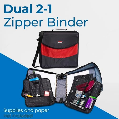 Case it Case-it The Dual 2-in-1 Zipper Binder - Two 1.5 Inch D-Rings - Includes Pencil Pouch - Multiple Pockets - 600 Sheet Capacity - Comes with Shoulder Strap - Black Dual-121-A - Image 4