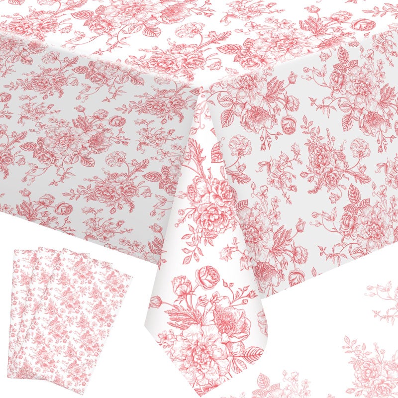 FuWeave مجموعة فوويف من 4 قطع من مفارش المائدة الزهرية الوردية، مفارش مائدة بلاستيكية للاستخدام مرة واحدة، زينة ربيعية صيفية للمطبخ والحديقة وحفلات الشاي والمنزل، 54 × 108 بوصة - Image 1