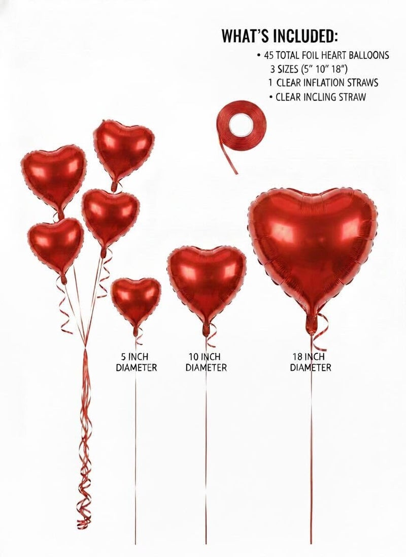 WYMM Red Heart Balloons - 45 Pcs Heart Shaped Helium Foil Balloons in 5, 10 & 18 Inch Sizes Ideal for Valentine Decor, Wedding, Engagement, Romantic Party, Proposal & Anniversary Decorations - Image 3
