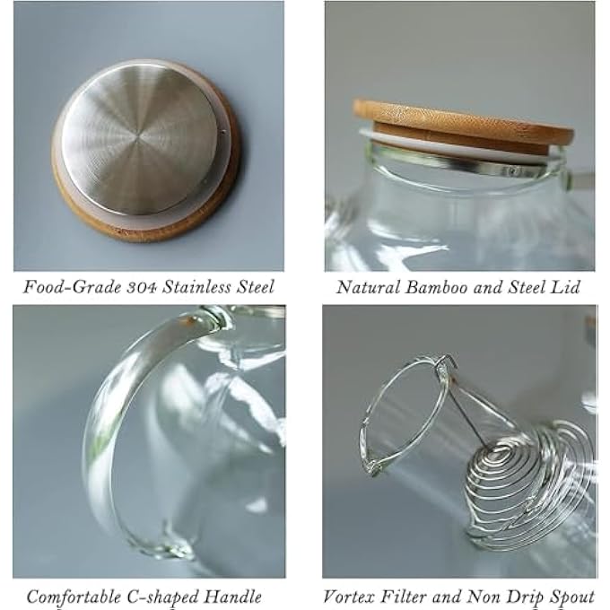 ريحني إبريق زجاجي مع غطاء من الخيزران، إبريق شاي زجاجي آمن للاستخدام في الميكروويف، إبريق شاي زجاجي من البورسليكات مع فوهة فلتر قابلة للإزالة، إبريق شاي للشاي السائب والشاي المزهر وشاي الفاكهة، سعة 16 لترًا - Image 4