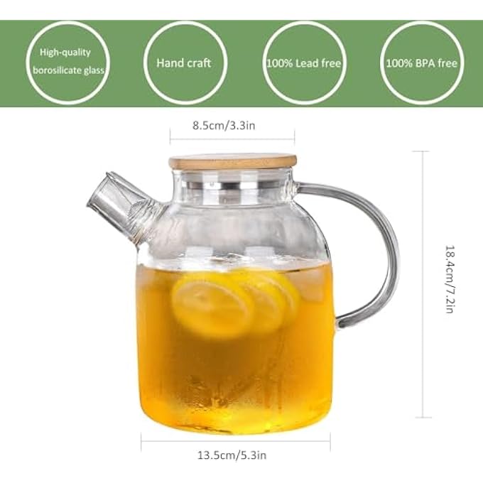 ريحني إبريق زجاجي مع غطاء من الخيزران، إبريق شاي زجاجي آمن للاستخدام في الميكروويف، إبريق شاي زجاجي من البورسليكات مع فوهة فلتر قابلة للإزالة، إبريق شاي للشاي السائب والشاي المزهر وشاي الفاكهة، سعة 16 لترًا - Image 2