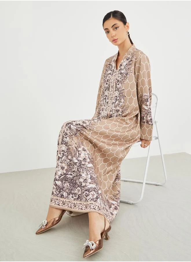 أميرة Amirah Floral Print Embellished Mandarin Collar A-Line Jalabiya