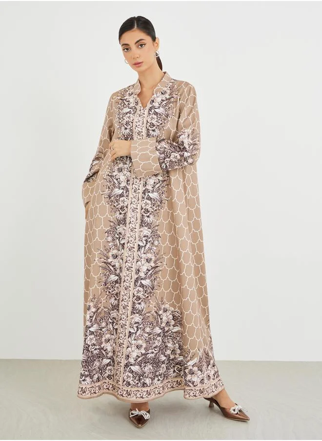 أميرة Amirah Floral Print Embellished Mandarin Collar A-Line Jalabiya