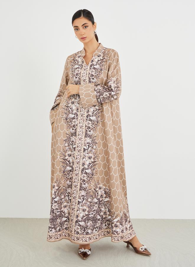 Amirah Floral Print Embellished Mandarin Collar A-Line Jalabiya - Image 2