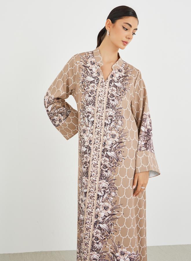 Amirah Floral Print Embellished Mandarin Collar A-Line Jalabiya - Image 3