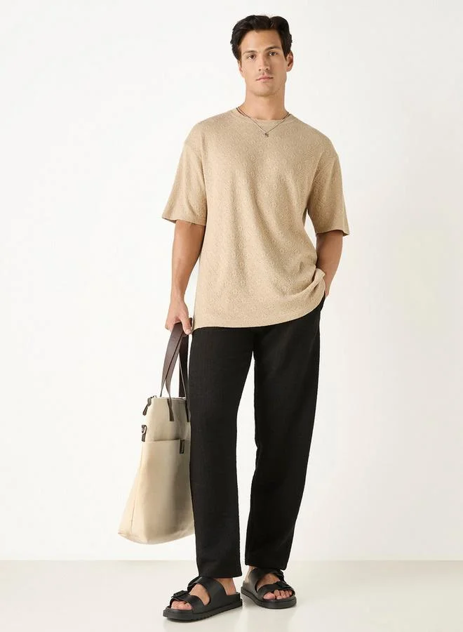 Iconic Iconic Textured T-Shirt with Crew Neck and Short Sleeves