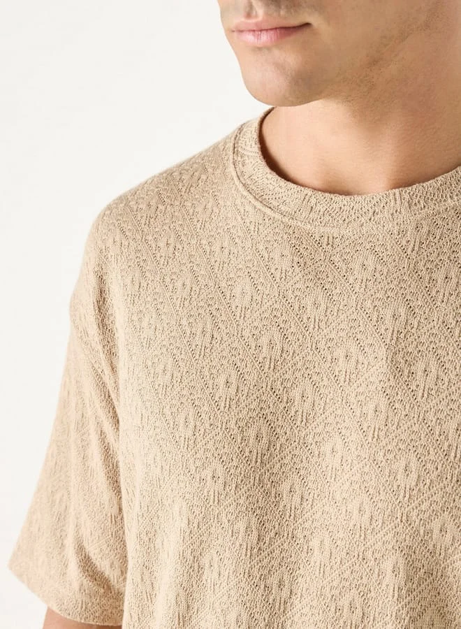 Iconic Iconic Textured T-Shirt with Crew Neck and Short Sleeves
