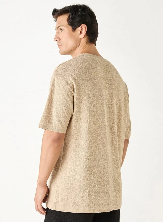 Iconic Iconic Textured T-Shirt with Crew Neck and Short Sleeves