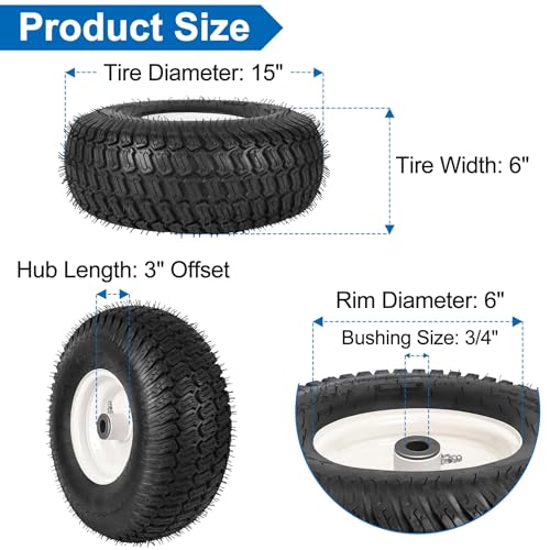 phepetroll 15x6.00-6nhs Lawn Mower Front Tire 4 Ply Tubeless 15x6x6 Lawn Mower 570 Lbs Tire and Wheel with 3/4" Bushing and 6 Spacers, Replacement for Garden Lawn Tractor Riding Lawn Mower, 1 Pack - Image 2
