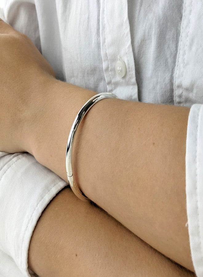 Silverly Round Hinged 925 Sterling Silver Bangles for Women Solid 925 With Chain - Classic Silver Bangle - Simple Elegant Mum Auntie Birthday Gifts - Sterling Silver Bracelet - Image 4