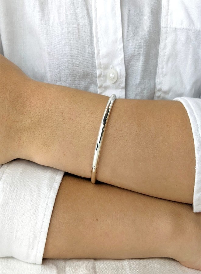 Silverly Round Hinged 925 Sterling Silver Bangles for Women Solid 925 With Chain - Classic Silver Bangle - Simple Elegant Mum Auntie Birthday Gifts - Sterling Silver Bracelet - Image 3