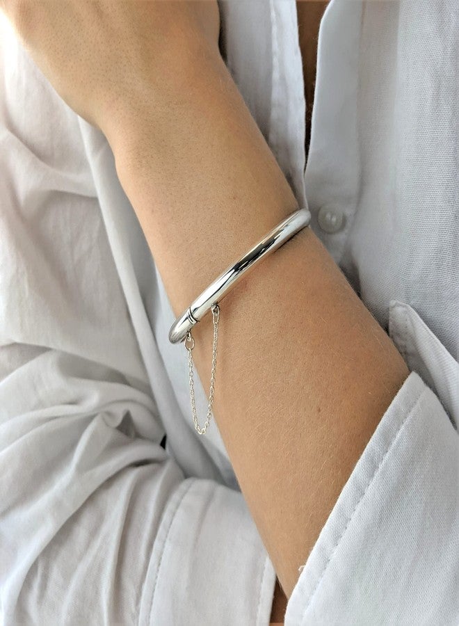 Silverly Round Hinged 925 Sterling Silver Bangles for Women Solid 925 With Chain - Classic Silver Bangle - Simple Elegant Mum Auntie Birthday Gifts - Sterling Silver Bracelet - Image 5