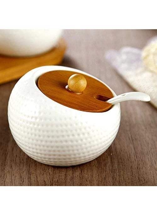 Avon Wellness Avon Wellness Porcelain Condiment Jar Spice Container with Lids Ceramic Serving Spoon Wooden Tray Spice Jars for SugarSaltCoffeeSpicesPepper for HomeKitchenCoffee Baret White Set of 3 2  - Image 3