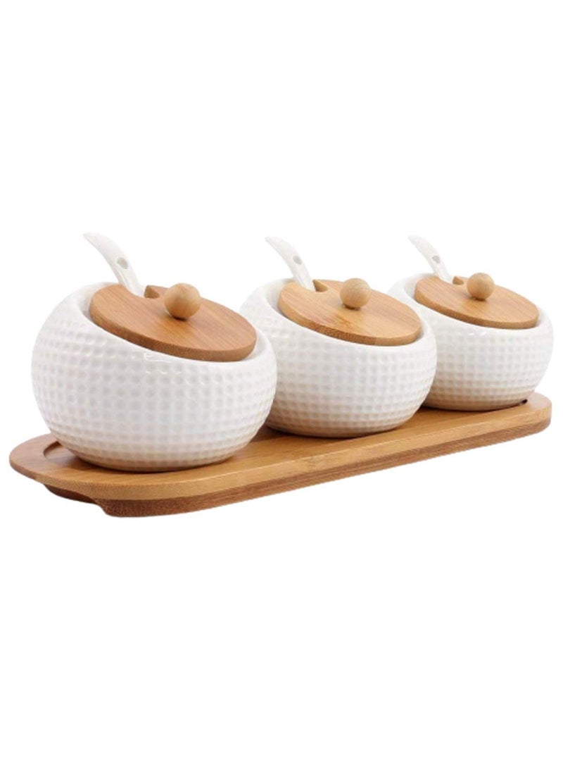 Avon Wellness Avon Wellness Porcelain Condiment Jar Spice Container with Lids Ceramic Serving Spoon Wooden Tray Spice Jars for SugarSaltCoffeeSpicesPepper for HomeKitchenCoffee Baret White Set of 3 2  - Image 1