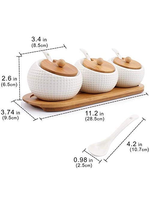 Avon Wellness Avon Wellness Porcelain Condiment Jar Spice Container with Lids Ceramic Serving Spoon Wooden Tray Spice Jars for SugarSaltCoffeeSpicesPepper for HomeKitchenCoffee Baret White Set of 3 2  - Image 2