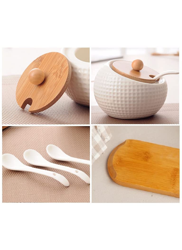 Avon Wellness Avon Wellness Porcelain Condiment Jar Spice Container with Lids Ceramic Serving Spoon Wooden Tray Spice Jars for SugarSaltCoffeeSpicesPepper for HomeKitchenCoffee Baret White Set of 3 2  - Image 5