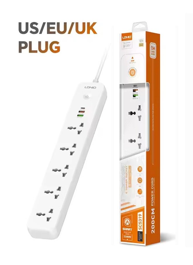 LDNIO - Power Extension strip with 5 Universal Outlet and 38W usb and 20W type c USB Out Put Power extension socket With 2M Power Cord - Image 1