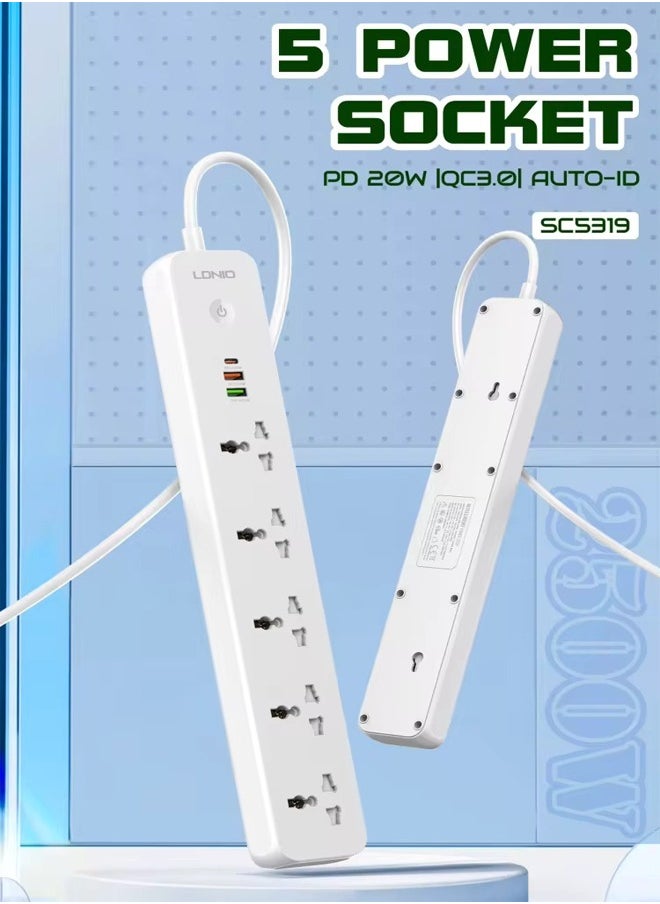 LDNIO - Power Extension strip with 5 Universal Outlet and 38W usb and 20W type c USB Out Put Power extension socket With 2M Power Cord - Image 1