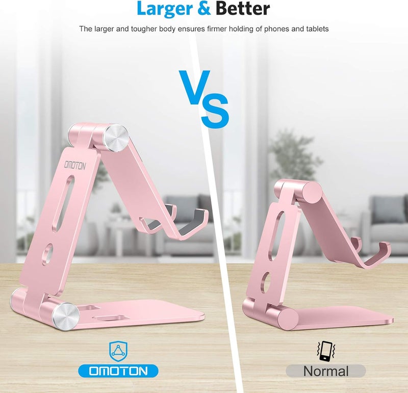 Omoton Foldable Cell Phone Stand, C4 Portable Aluminum Phone Holder, Adjustable Phone Dock Cradle Compatible with iPhone 16/15/14/13 Pro Max, Samsung Galaxy, Small Tablets, All Smart Phones, Rose Gold - Image 2