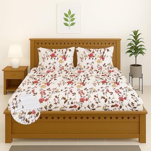TARAIN COLLECTION Cotton Elastic Fitted Bedsheets with 2 King Size Pillow Covers | Double Bed with All Around Elastic 220 TC Supersoft |Size-72 King Sizex78+10 inches Floral White & Pink - Image 1