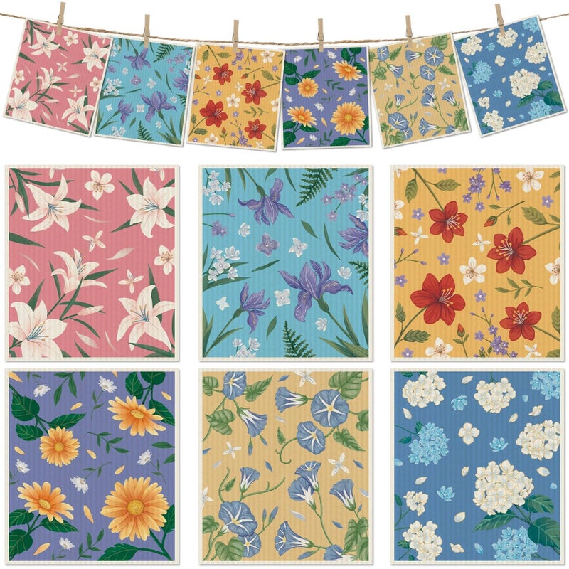 Revahope 6 Packs Swedish Paper Cloths for Kitchen, Reusable Paper Towels Washable Dish Rags, Highly Absorbent Kitchen Towels Quick Drying Swedish Sponge Cleaning Dish Cloths (Lily Floral) - Image 1