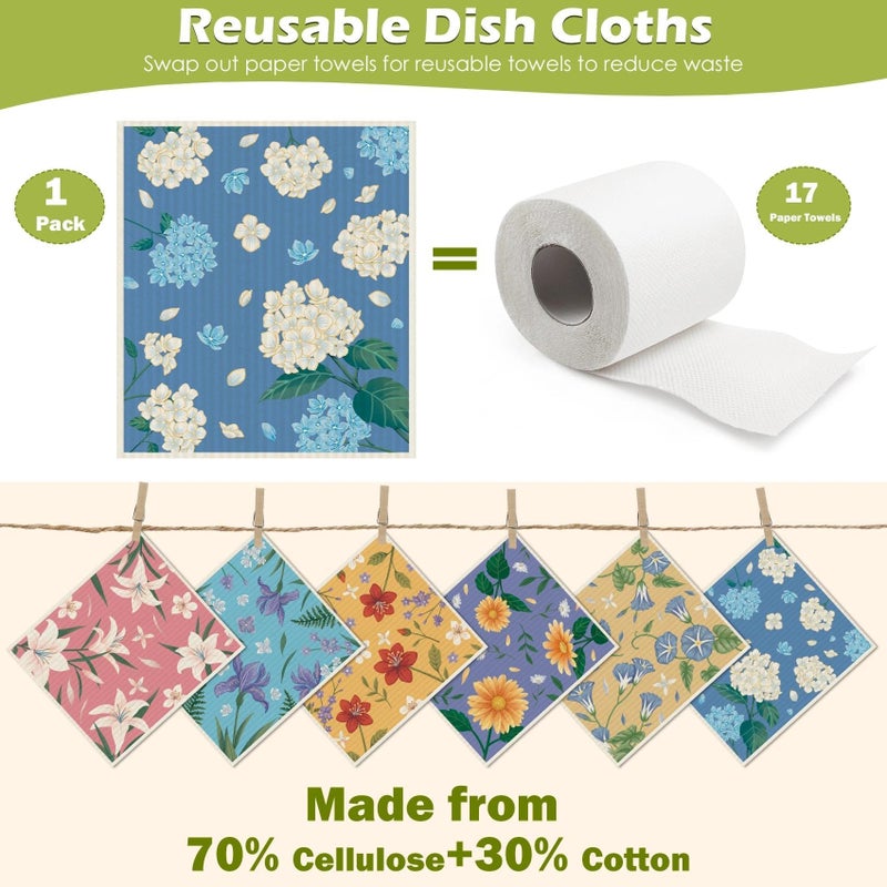 Revahope 6 Packs Swedish Paper Cloths for Kitchen, Reusable Paper Towels Washable Dish Rags, Highly Absorbent Kitchen Towels Quick Drying Swedish Sponge Cleaning Dish Cloths (Lily Floral) - Image 3