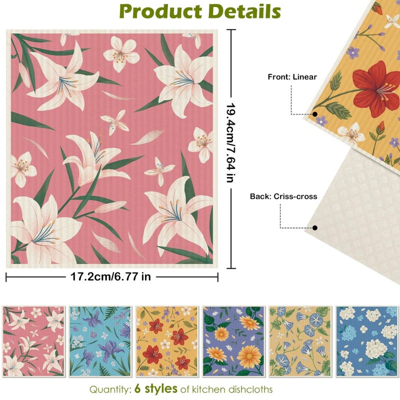 Revahope 6 Packs Swedish Paper Cloths for Kitchen, Reusable Paper Towels Washable Dish Rags, Highly Absorbent Kitchen Towels Quick Drying Swedish Sponge Cleaning Dish Cloths (Lily Floral) - Image 2