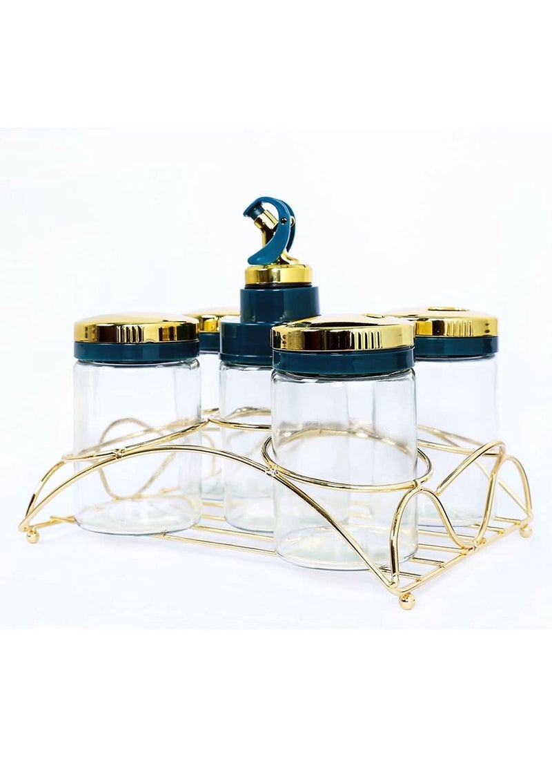  BOUNDS - Condiment Pots Golden Glass Jars Condiment Container Kitchen and dining  table set Jars Storage Container with golden suitable stand Rack - Image 1