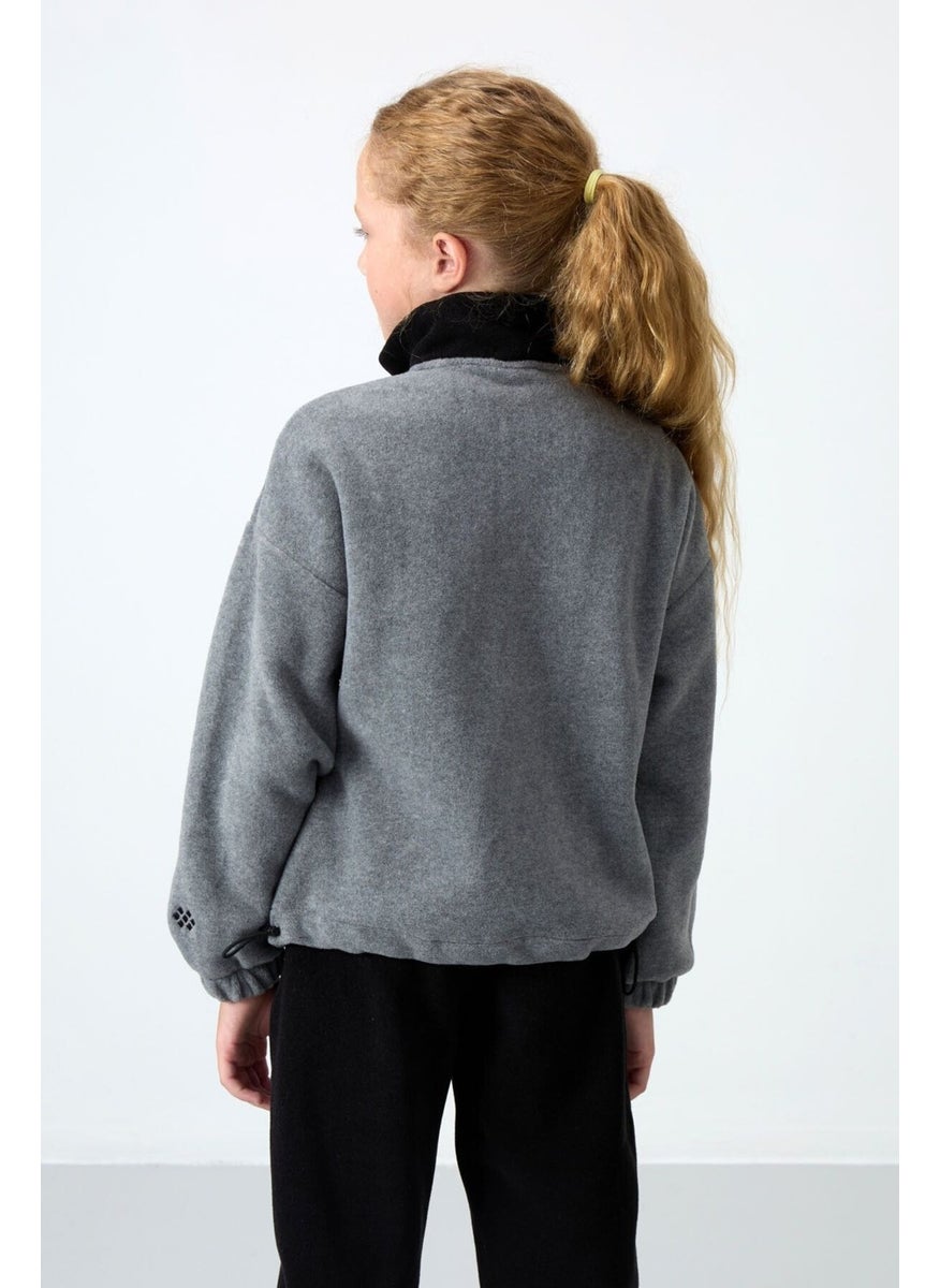 Tommy Life - Gray Melange Thick Soft Texture Oversize Embroidered Polar Fleece Girls Sweatshirt - 75153 - Image 1